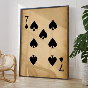 Lucky Number 7 Gift for Him Antique Seven of Spades Poster Wall Art Print Rustic Rustic Playing Cards Decor | PRINTED FRAME OPTIONS