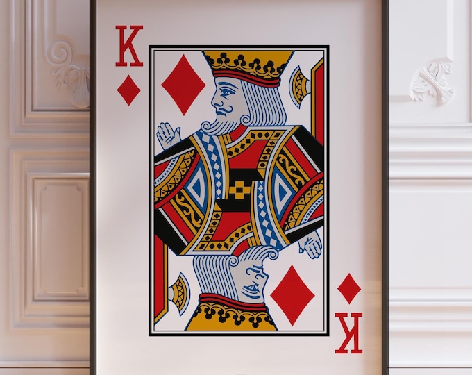 King Of Diamonds Poker Hand Poster Print, White Playing Cards Wall Art Print, Red Card Deck Print, King Wall Decor | PRINTED