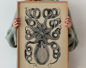 Vintage Octopus Print - Sepia Nautical Wall Art Poster