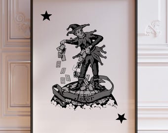 Black Joker Card Print - Vintage Style Poster, Bar Cart Decor