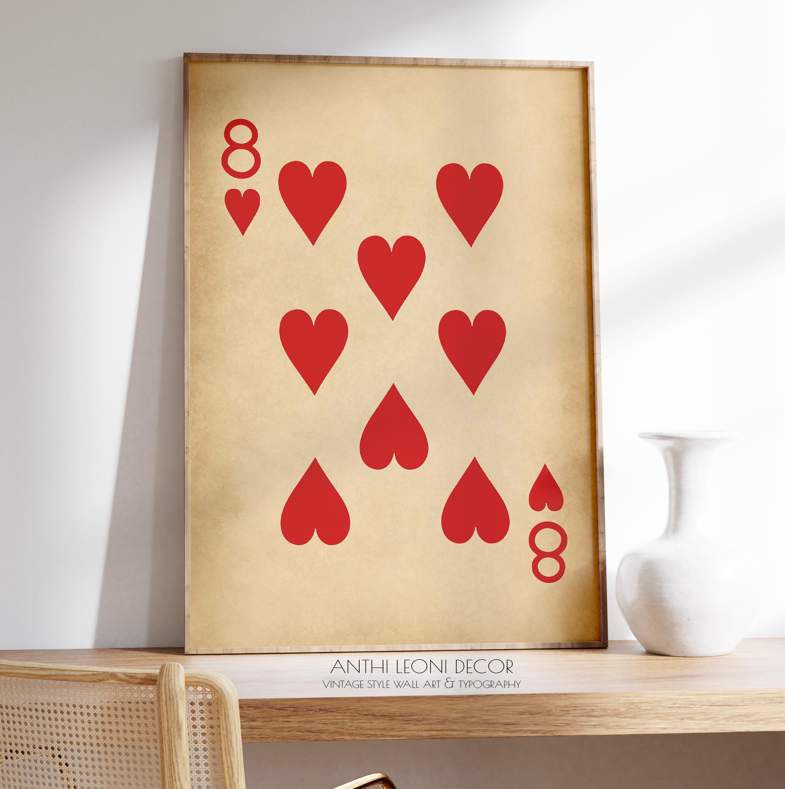 Antique Eight of Hearts Card Print - Lucky Number 8 Gift, Rustic