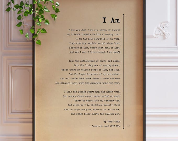 John Clare Poem Print: "I Am" Typography Art, Framed or Unframed