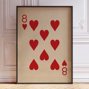 Herz Acht Poster Druck, Vintage Spielkarten Wand Kunst Druck, Zahl 8 Roter Kartendeck-Druck | BEDRUCKT