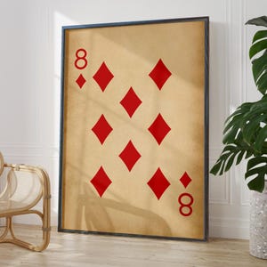 Antieke acht van diamanten poster print geluksgetal 8 cadeau leeftijd rustieke speelkaarten speelkamer kunst aan de muur | OPTIES GEDRUKT FRAME