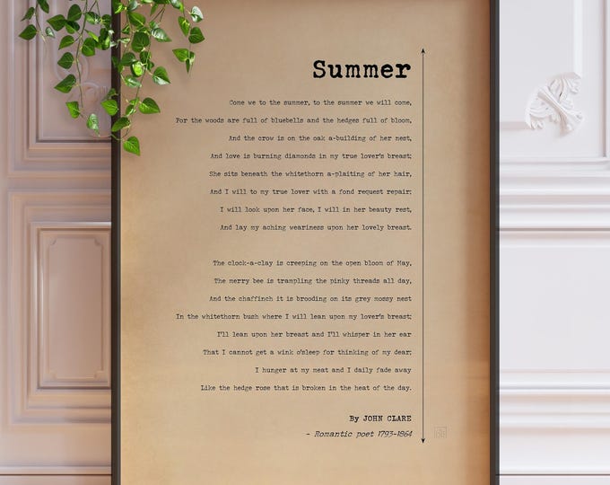 John Clare 'Summer' Poem Print - Vintage Style Wall Art