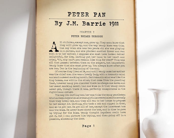 Peter Pan Book Page Print, Vintage Nursery Art, Framed or Unframed Poster
