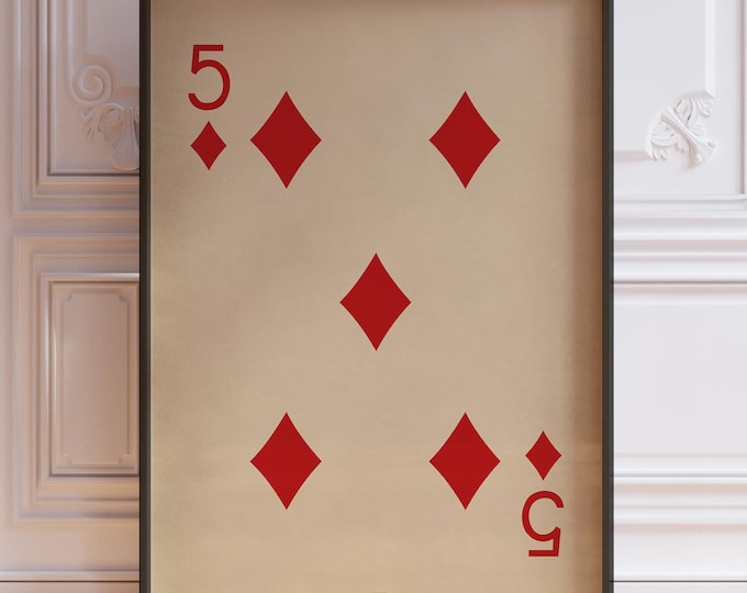 Five Of Diamonds Poster Print, Vintage Playing Cards Wall Art Print, Red Card Deck Print, Number Five Wall Decor | PRINTED
