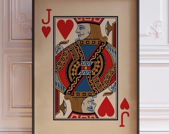 Póster de Jota de Corazones - Arte mural de naipes vintage, impresión de baraja roja, decoración para sala de juegos, impreso con o sin marco