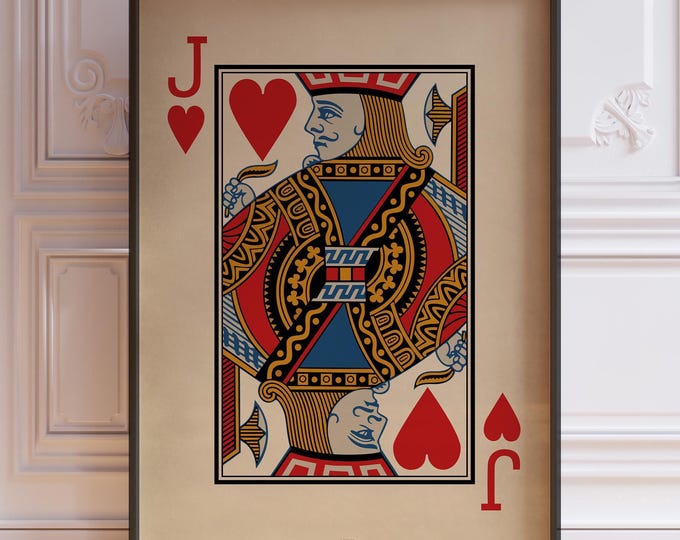 Jack Of Hearts Poster Print - Vintage Playing Cards Wall Art, Red Card Deck Print, Games Room Decor, Printed Framed or Unframed