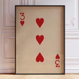 Drei Der Herzen Poster Druck, Vintage Spielkarten Wand Kunst Druck, Rote Karte Deck Druck, Zahl Drei Wand Dekor | BEDRUCKT