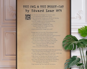 The Owl and The Pussycat Vintage Nursery Rhyme Print by Edward Lear, Children's Nursery Print, Nursery Room Decor | PRINTED