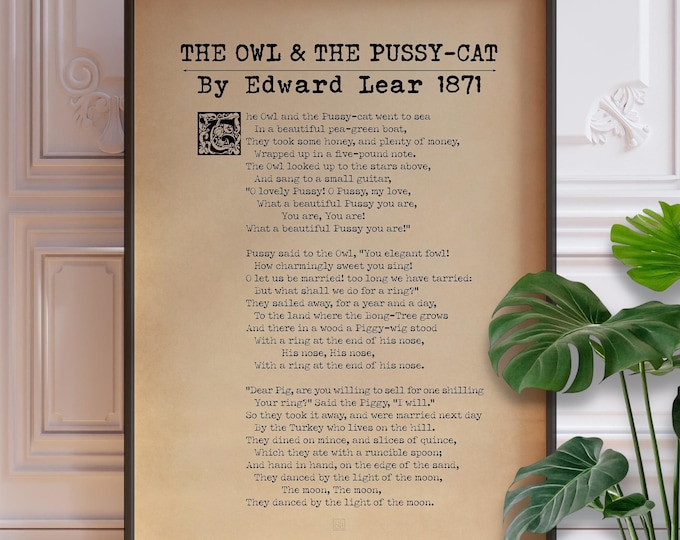 The Owl and The Pussycat Nursery Rhyme Print, Edward Lear, Vintage Children's Art, Framed or Unframed Poster