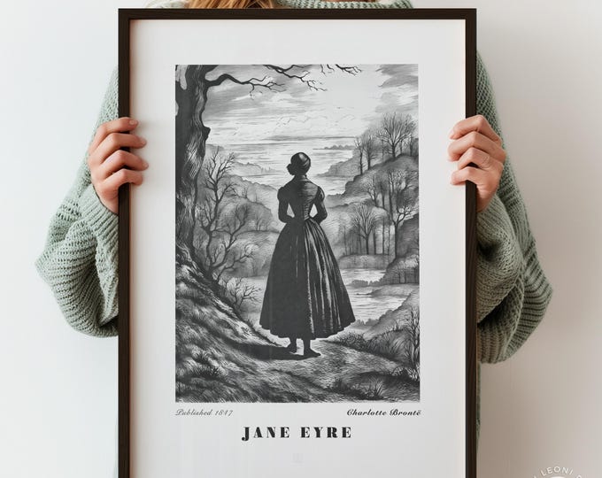 Jane Eyre Gothic Wall Art on White - Charlotte Brontë Print, Monochrome Literary Poster, Classic Novel Art Book Lover Gift