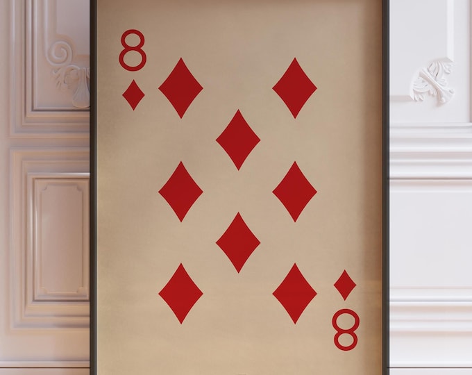 Eight Of Diamonds Poster Print, Vintage Playing Cards Wall Art Print, Red Card Deck Print, Number 8 Wall Decor | PRINTED
