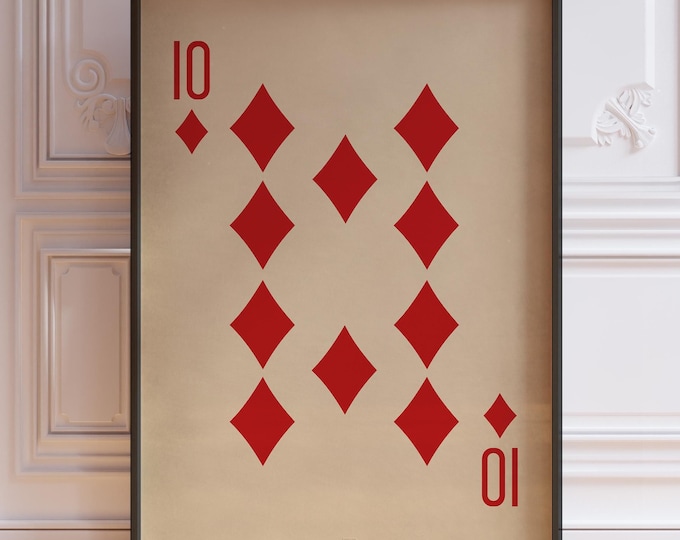 Ten Of Diamonds Poster Print, Vintage Playing Cards Wall Art Print, Red Card Deck Print, Ten Diamonds Wall Decor | PRINTED