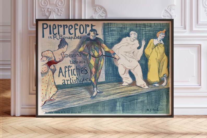 Pierrot Harlequin Clown, Wall Art Print, Art Nouveau Clown, French Advertising Poster Pierrefort by Gabriel Ibels, Landscape Poster Print, French Advert Print.