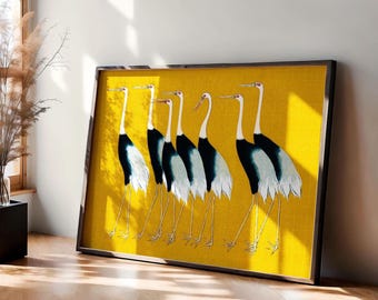 Japanese Crane Print, Mustard Yellow Birds by Ogata Korin Framed or Unframed
