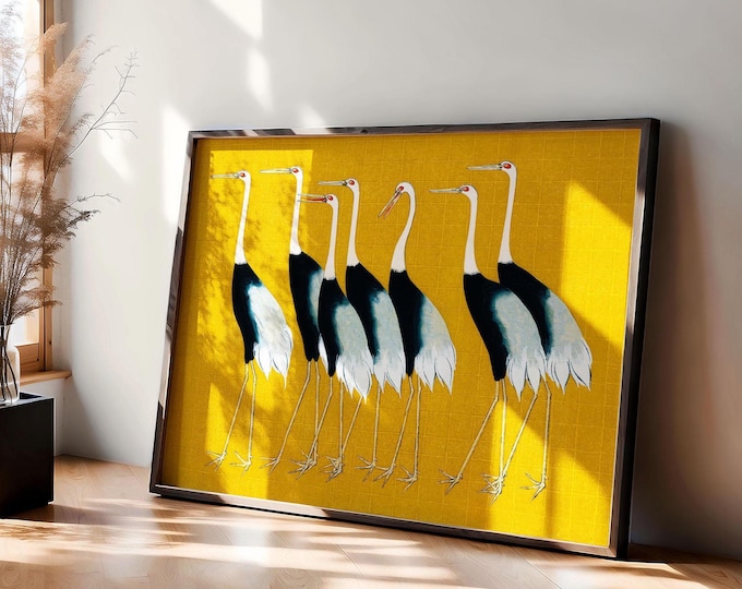 Japanese Crane Print, Mustard Yellow Birds by Ogata Korin Framed or Unframed