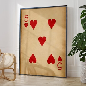 Antique Five of Hearts Print - Rustic Playing Card Wall Art, 5th Wedding Anniversary Gift