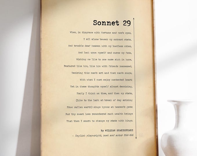 Shakespeare Sonnet 29 Print - Reflective Poetry Wall Art, Framed or Unframed Poster