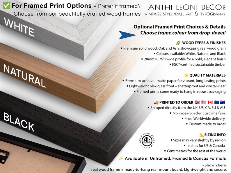 The image is a collage of different framed print options, including wood types and finishes, natural materials, and available print formats.