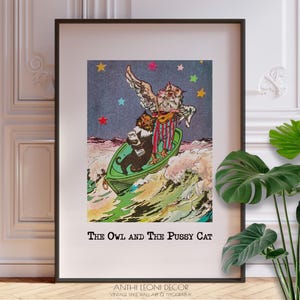 Ilustración colorida de El búho y el gato para guardería, decoración de habitación de bebé, regalo para baby shower, IMPRESO