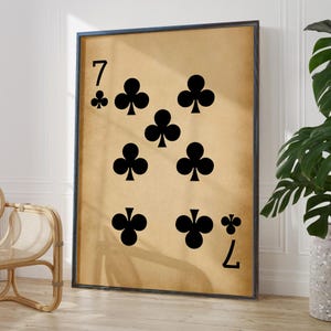 Cadeau chiffre porte-bonheur 7 pour lui, affiche antique de sept trèfles, impression d'art mural, décor de cartes à jouer rustique | OPTIONS DE CADRE IMPRIMÉ