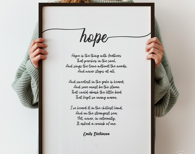Emily Dickinson Poem Print - Hope is the Thing With Feathers, Script Font Wall Art