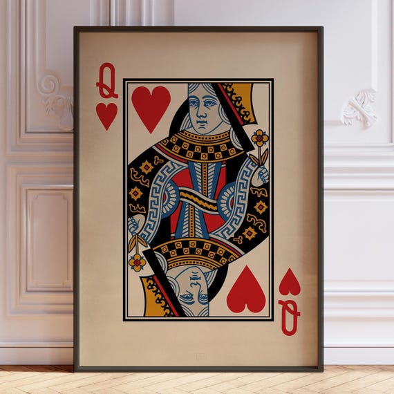Queen Of Hearts Poster Print - Vintage Picture Playing Cards, Card Deck Heart Art, Queen Wall Decor, Framed or Unframed