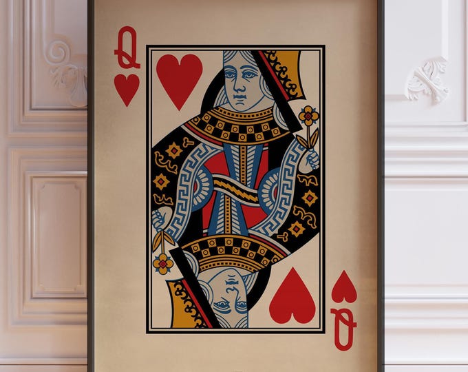 Queen Of Hearts Poster Print - Vintage Picture Playing Cards, Card Deck Heart Art, Queen Wall Decor, Framed or Unframed