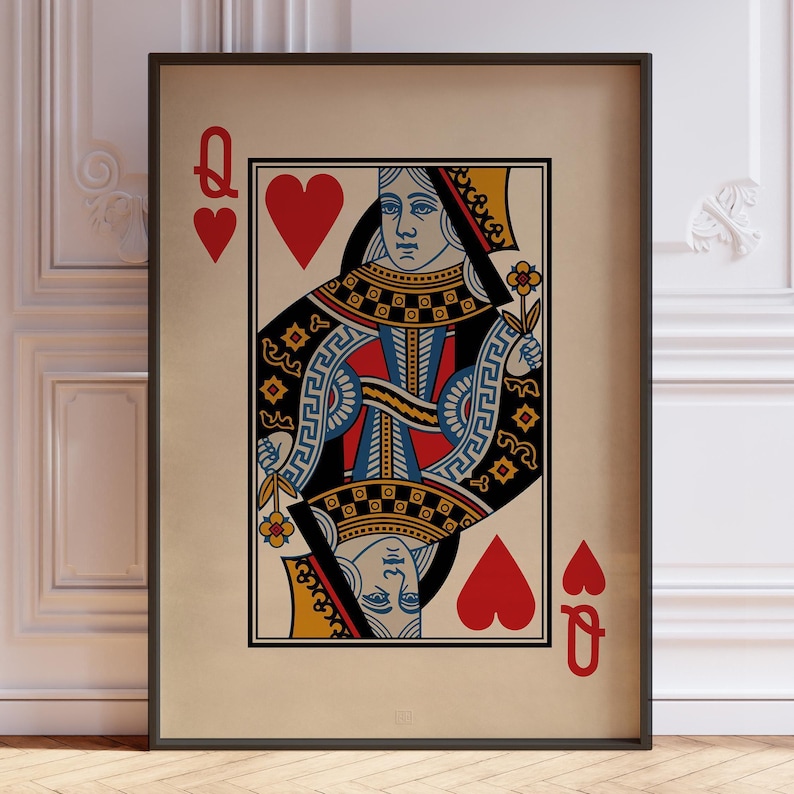 Vintage queen of hearts playing card print. Red queen of hearts poster card deck wall art. Framed casino wall poster by Anthi Leoni Decor. Ideal gift for boyfriend, dads and card player interior decor.