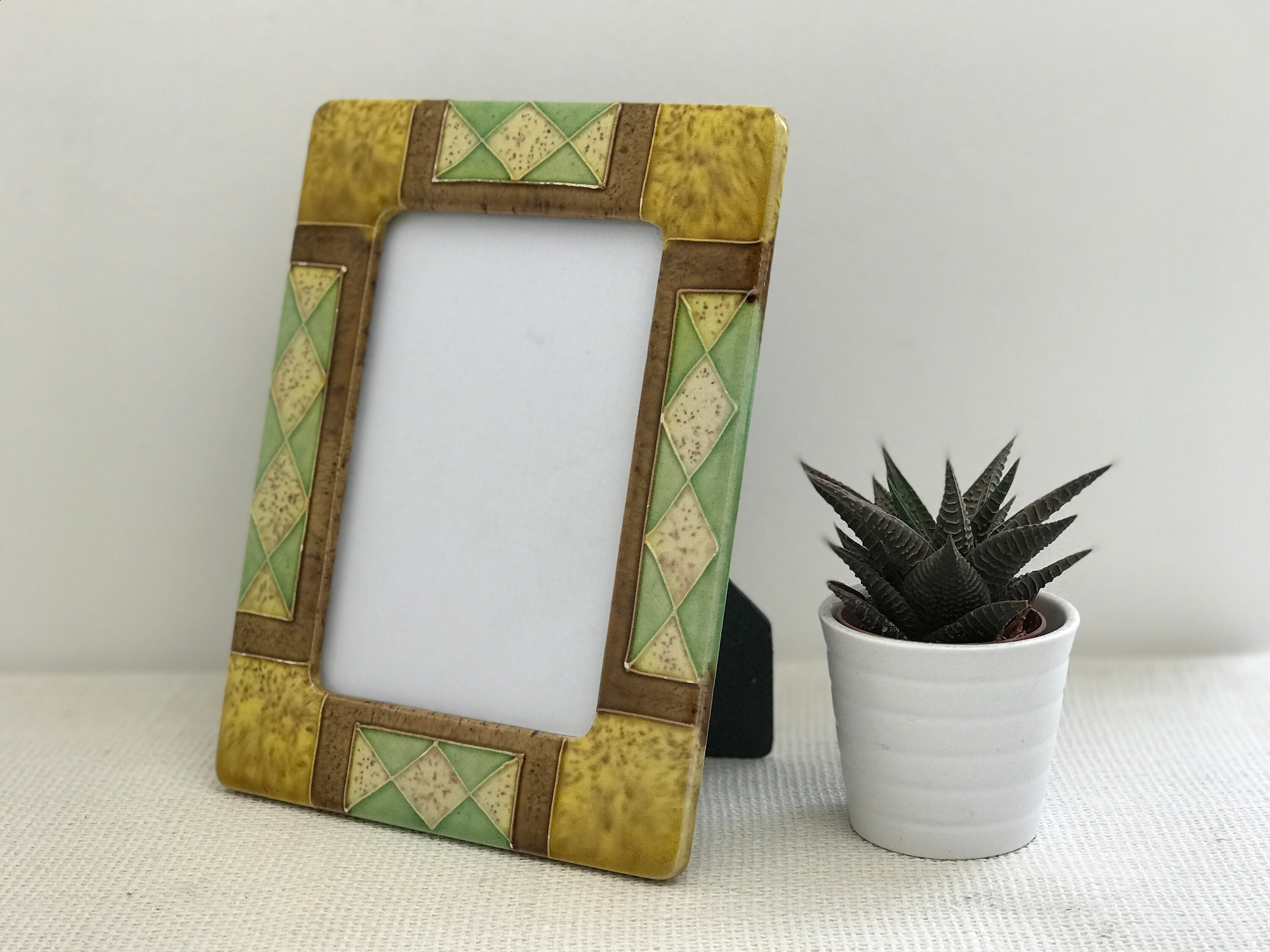 Antique Art Deco Ceramic Picture Photo Frame In Brown Green And Mustard Yellow For Home Decor Photo Frame Gallery