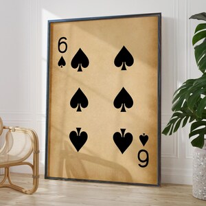 Affiche antique six de pique impression cartes à jouer rustiques impression d'art mural numéro 6 porte-bonheur noir jeu de cartes de poker cadeau | OPTIONS DE CADRE IMPRIMÉ