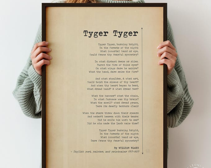 Tyger Tyger William Blake Poem Print Blake Poetry Typewriter Font Vintage 18th Century English Verse | PRINTED Framed Options Available