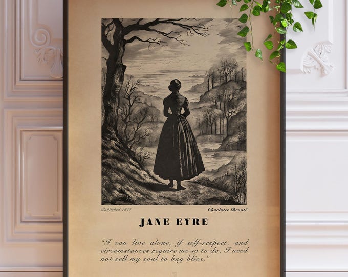 Jane Eyre Book Illustration Print - Charlotte Bronte Wall Art Poster, Reading Corner Decor, Framed or Unframed Literary Gift