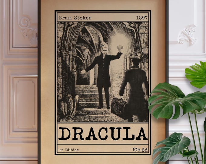 Featured listing image: Dracula Book Cover Art Poster, Bram Stoker Gothic Novel Print, Vintage Literary Wall Art, Vampire Classic Decor, Book Lover Gift