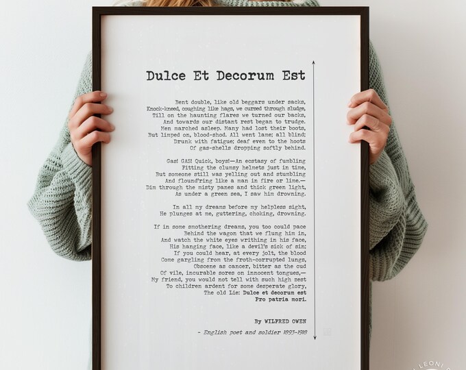 Fallen Soldiers Poem Print Dulce et decorum est pro patria mori | Wildred Owen Poetry Military Poem Print | PRINTED Framed options Available