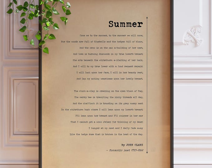 John Clare 'Summer' Poem Print - Vintage Style Wall Art