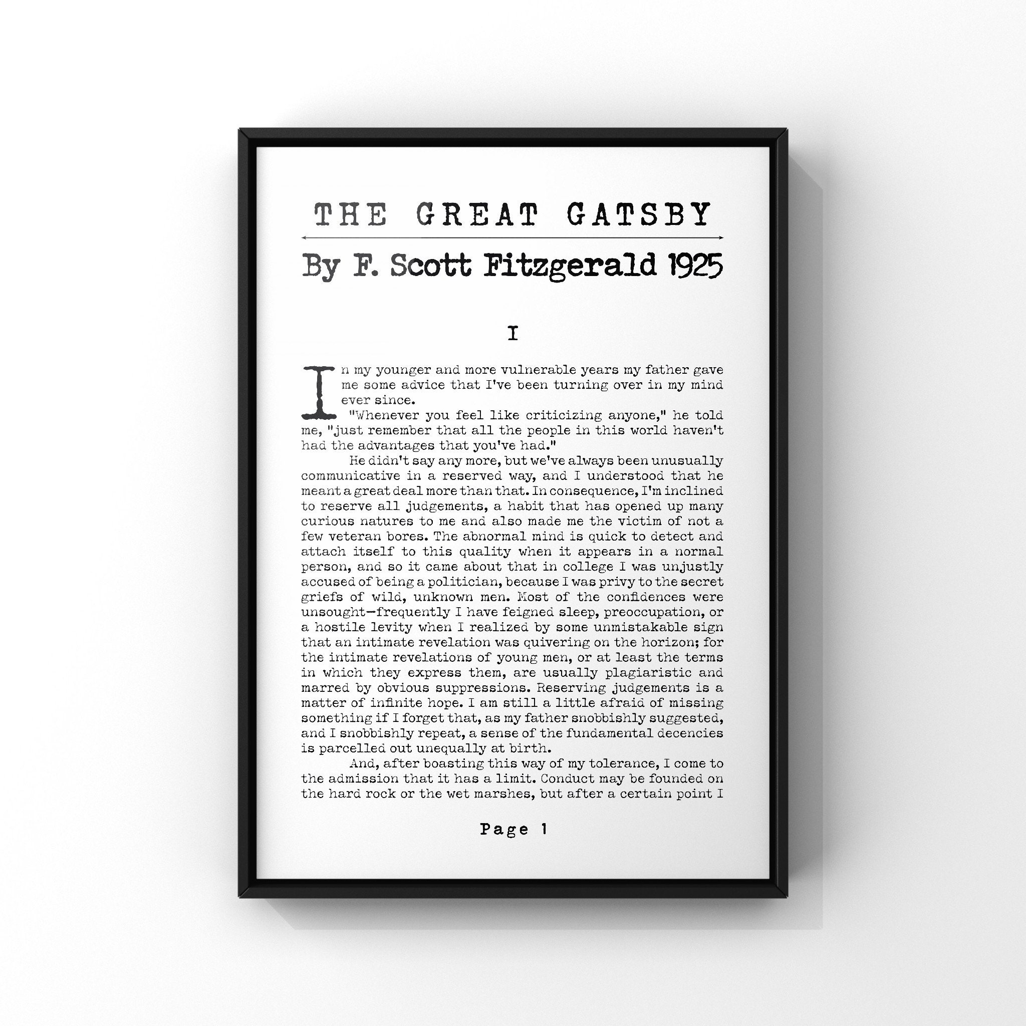 The Great Gatsby By F Scott Fitzgerald Novel First Page Print Literary Book Art Gift Idea Unframed Classic American Literature Art Print The Great Gatsby By F Scott Fitzgerald Novel First Page Print Literary Book Art Gift Idea Unframed Classic American Literature Art Print