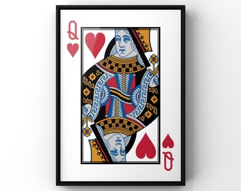 Queen Of Hearts Playing Cards Wall Art Print, Red Queen Heart Card Deck Poster Print, Living Room Wall Decor, PRINTED Poster Print