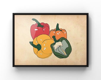 Mixed Peppers Prints, Vintage Style Wall Art Print, Red Yellow Orange and Green Vegetables Antique Paper PRINTED Poster, Kitchen Decor