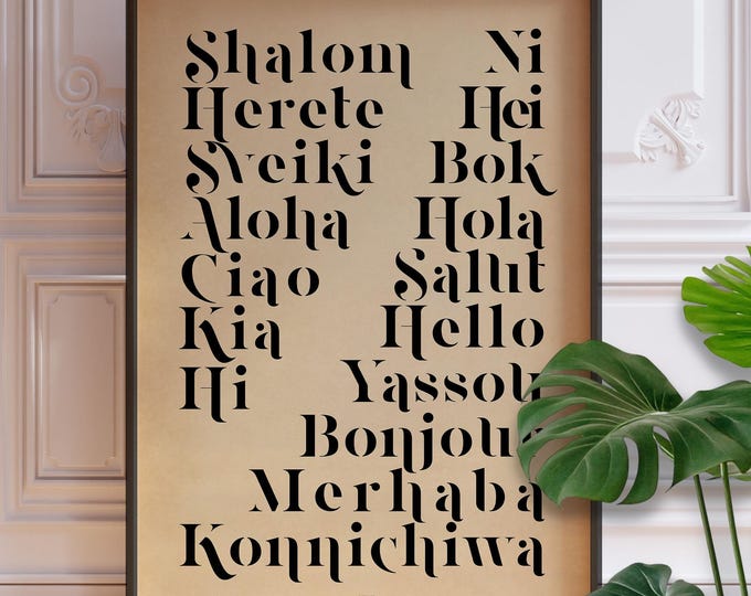 Hello in Different Languages Print – Vintage Typography Poster, World Greetings Wall Art, Framed or Unframed Office Decor