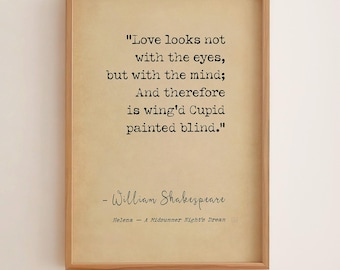 Póster con cita de Shakespeare: El amor no mira con los ojos. Lámina decorativa romántica con temática literaria. Regalo ideal para tu alma gemela o para decorar tu boda.