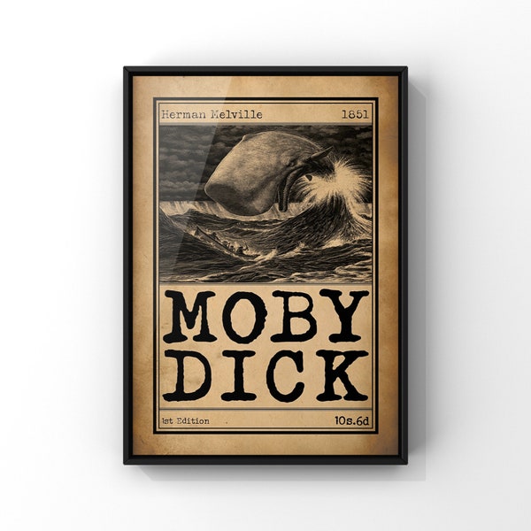 Moby Dick oder der Wal Buchcover Kunst Illustration Posterdruck | Bibliothek-Wand-Dekor | Geschenk für Buchliebhaber | Literarische Wandkunst | GEDRUCKT