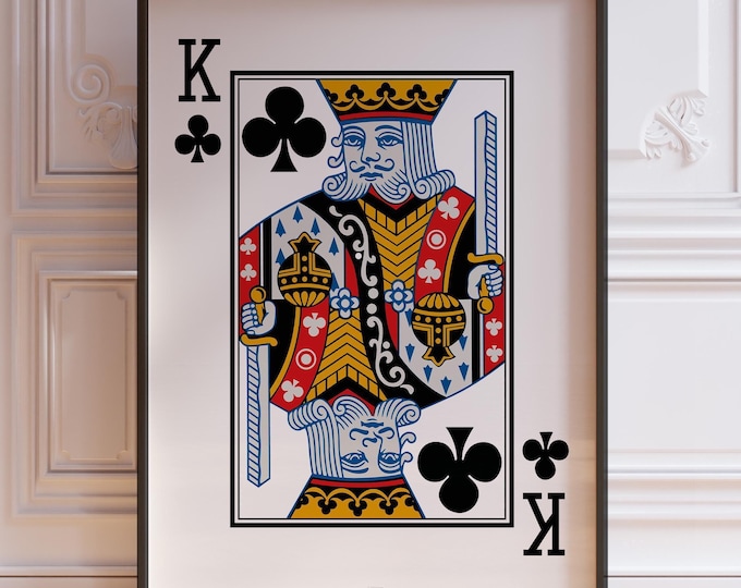 King Of Clubs Poker Hand Poster, Black Playing Cards Wall Art Print, Card Deck Print, King Wall Decor | PRINTED