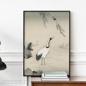 Japanse kraanvogel houtsnede print - Vintage Japandi Zen muurdecoratie, Oosterse decoratie afbeelding 4