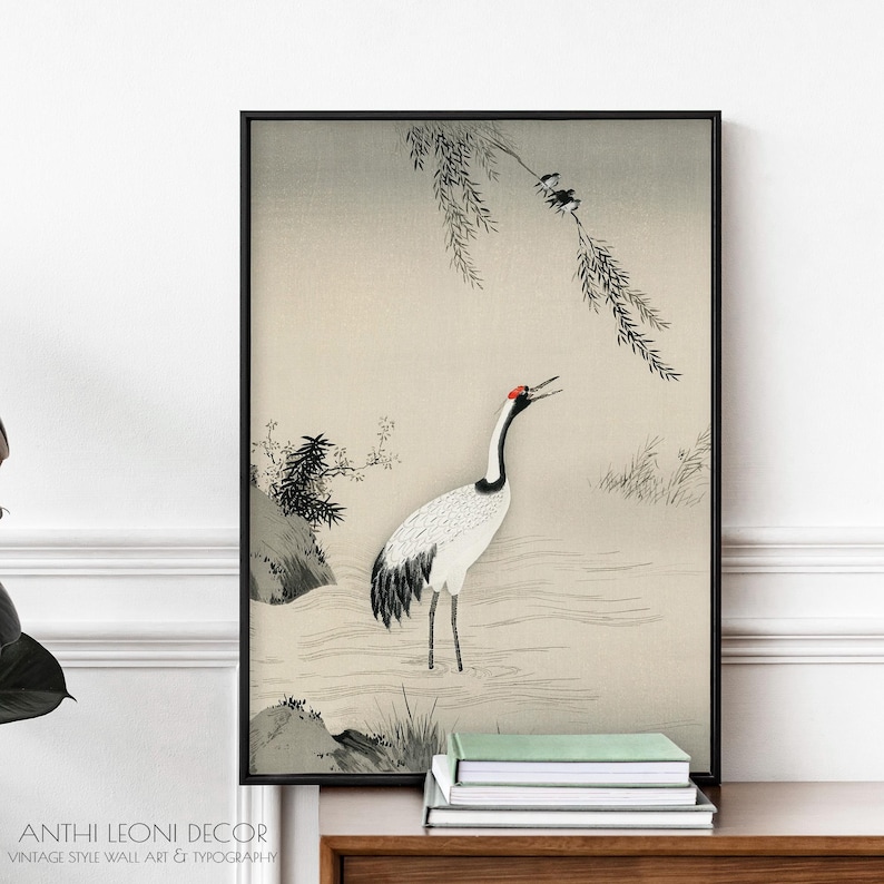 Japanse kraanvogel houtsnede print - Vintage Japandi Zen muurdecoratie, Oosterse decoratie afbeelding 4