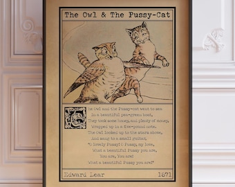 The Owl and The Pussy-Cat Print - Vintage Children's Poem Wall Art, Framed or Unframed Poster