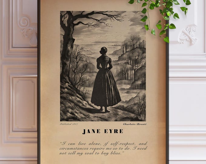 Jane Eyre Book Illustration Print - Charlotte Bronte Wall Art Poster, Reading Corner Decor, Framed or Unframed Literary Gift