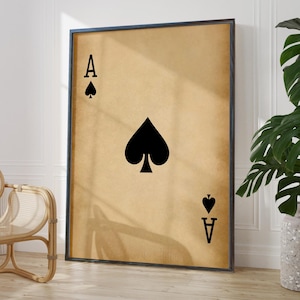 Póster de arte de pared con as de espadas antiguo, decoración de sala de juegos, naipes rústicos, impresiones de cartas de póker negras / OPCIONES DE MARCO IMPRESO